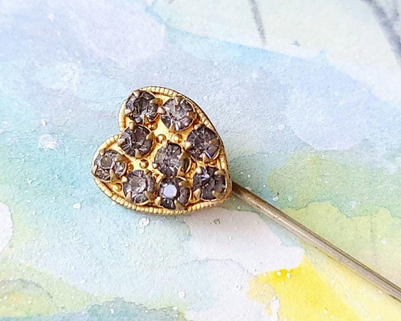 Aged Glass Rhinestone Heart Stick Pin, Gilt Gold, Early Mid-Century Lapel Tie Pin image 8