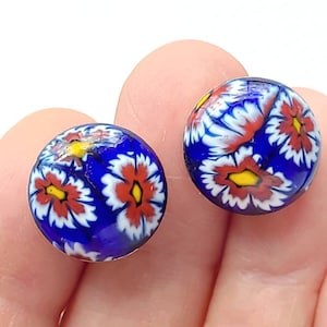Vintage millefiori cane glass cabachon silvertone stud earrings, red white blue, and yellow, posts earrings