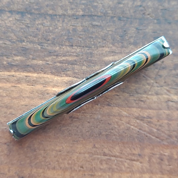 Vintage camo bakelite fordite tie clip, rare GM 1930s paint colors.