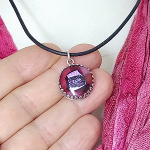 Red art glass pendant, pink and red magenta dichroic Handmade fused lampwork glass, ooak.