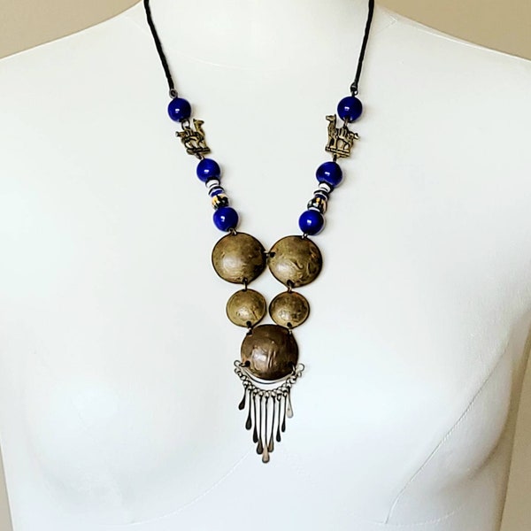 Vintage 1970s Peruvian coin artisan necklace, metal fringe, camel motif, bronze tone, cobalt blue yellow ceramic beads.