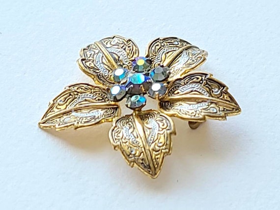 Vintage Western Germany signed flower goldtone br… - image 10