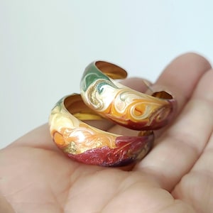 vintage 90s glitter swirl enamel goldtone tapered open hoop pierced post stud earrings, multi color jeweltone