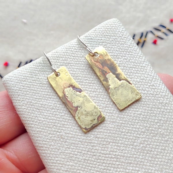 Artisan abstract brutalist mixed metal earrings, brass and fine silver.