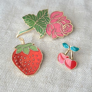 Vintage flower and fruit pin collection, rose, stawberry, cherries, red, pink, green, teal, set of 3.