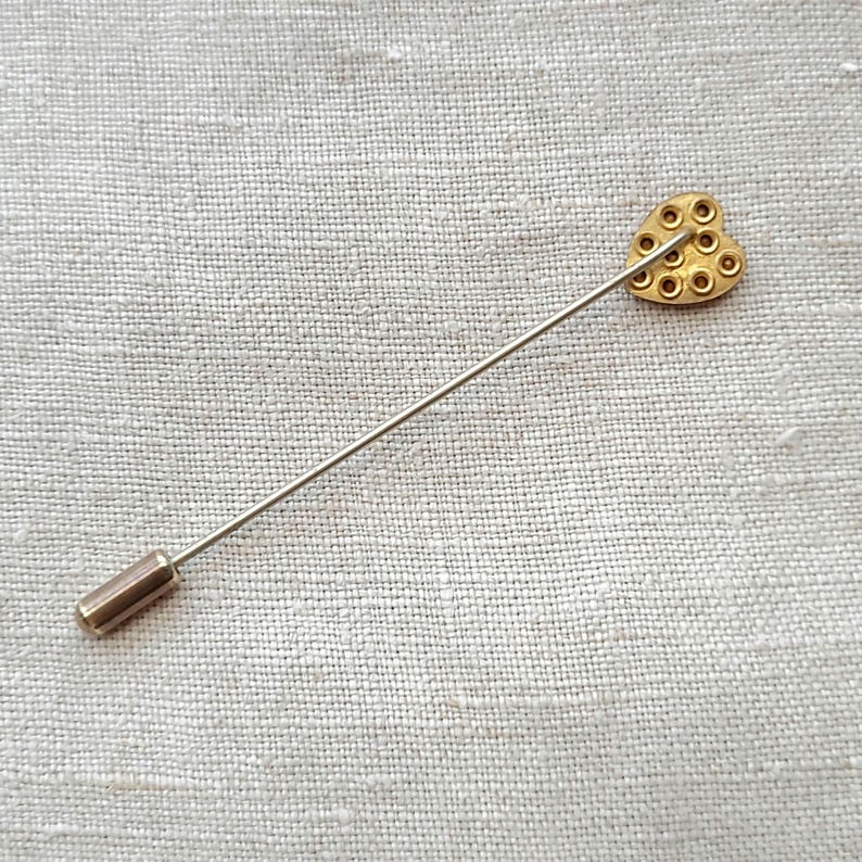 Aged Glass Rhinestone Heart Stick Pin, Gilt Gold, Early Mid-Century Lapel Tie Pin image 5