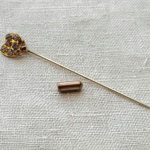 Aged Glass Rhinestone Heart Stick Pin, Gilt Gold, Early Mid-Century Lapel Tie Pin image 4