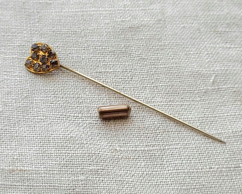 Aged Glass Rhinestone Heart Stick Pin, Gilt Gold, Early Mid-Century Lapel Tie Pin image 4