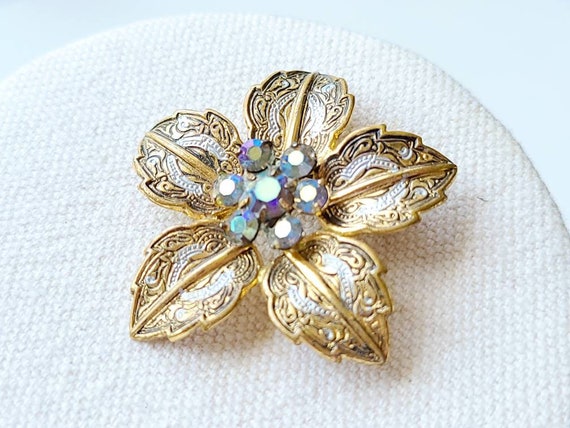 Vintage Western Germany signed flower goldtone br… - image 1