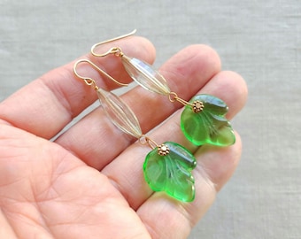 Green Czech glass leaf and clear acrylic facated bead long drop dangle earrings, made with vintage beads, bronze or GF.