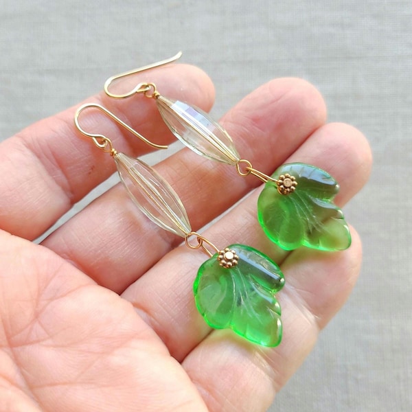 Green Czech glass leaf and clear acrylic facated bead long drop dangle earrings, made with vintage beads, bronze or GF.