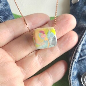 Artisan Pastel Neon Polymer Clay Necklace, Multicolor Marbled Bead, Copper Chain image 3