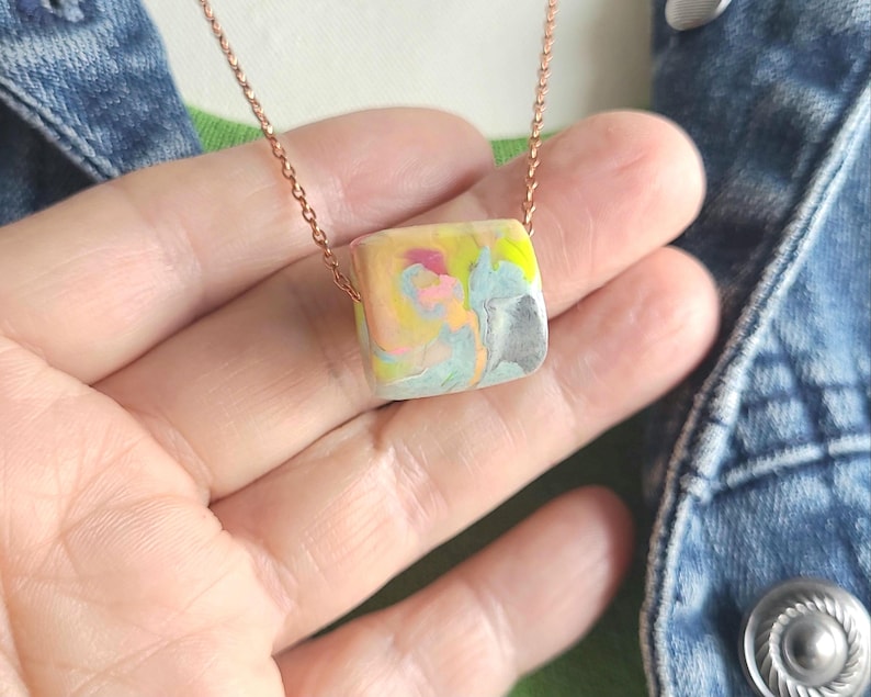 Artisan Pastel Neon Polymer Clay Necklace, Multicolor Marbled Bead, Copper Chain image 3
