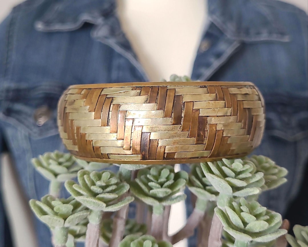 Vintage Tri Color Basket Weave Metal Wide Domed Bangle Bracelet, Copper ...