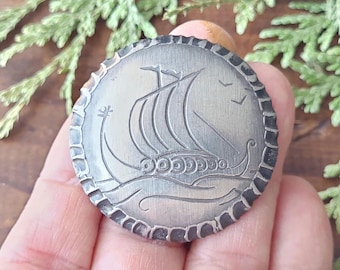 Vintage Norwegian Rolf Buodd Norsk Pewter Brooch, signed, 1-3/4",  viking ship, circa 60s-70s.