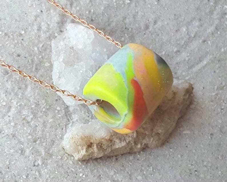Artisan Pastel Neon Polymer Clay Necklace, Multicolor Marbled Bead, Copper Chain image 10