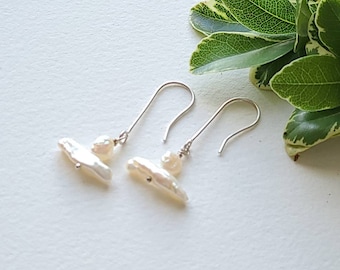 Freshwater pearl and fine silver wire hand crafted long dainty lightweight earrings, June birthstone