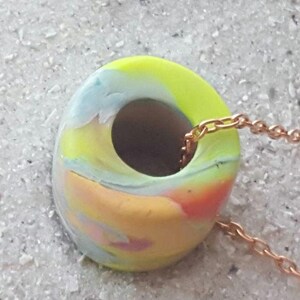 Artisan Pastel Neon Polymer Clay Necklace, Multicolor Marbled Bead, Copper Chain image 18
