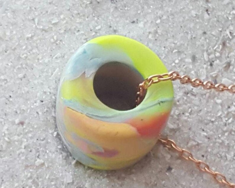Artisan Pastel Neon Polymer Clay Necklace, Multicolor Marbled Bead, Copper Chain image 18