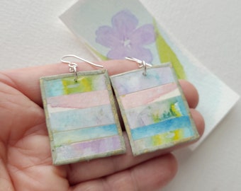 Abstract hand painted watercolor paper collage sterling silver dangle earrings, bright colorful OOAK handmade.