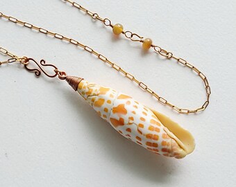 Mitra episcopal shell pendant long bronze paperclip chain handmade necklace.