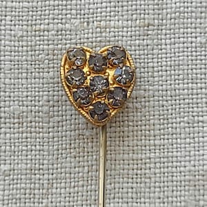 Aged Glass Rhinestone Heart Stick Pin, Gilt Gold, Early Mid-Century Lapel Tie Pin image 1