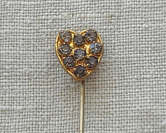 Aged Glass Rhinestone Heart Stick Pin, Gilt Gold, Early Mid-Century Lapel Tie Pin