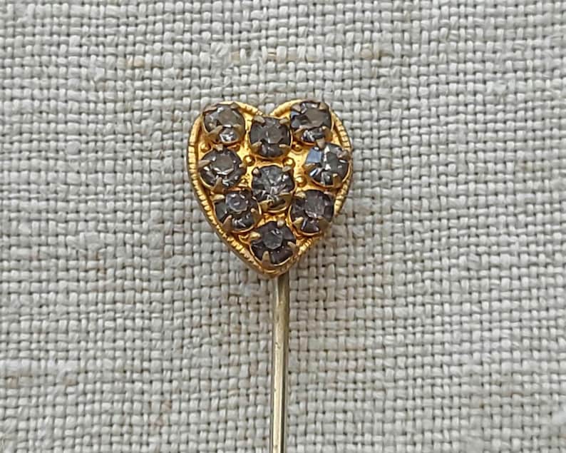Aged Glass Rhinestone Heart Stick Pin, Gilt Gold, Early Mid-Century Lapel Tie Pin image 1