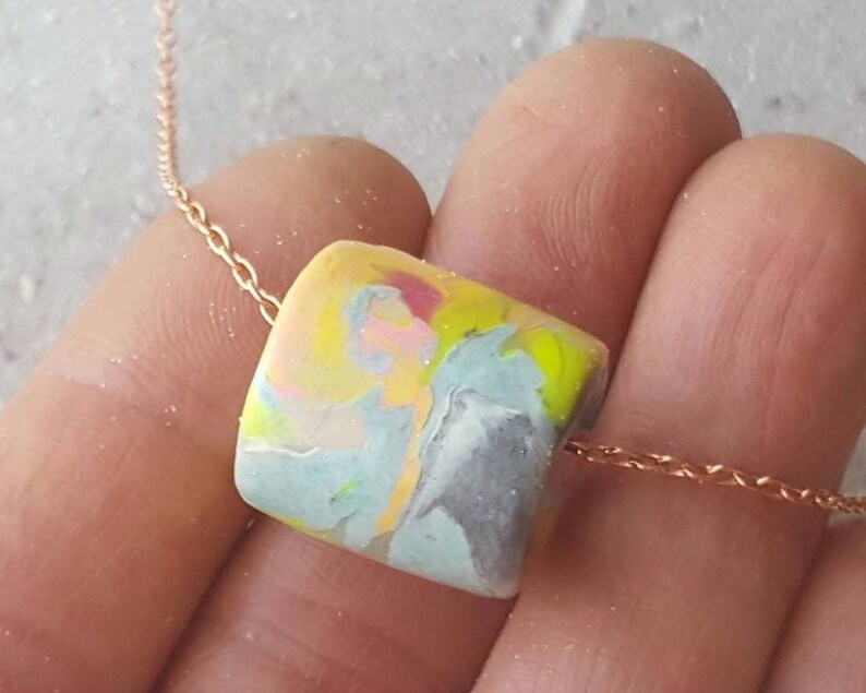 Artisan Pastel Neon Polymer Clay Necklace, Multicolor Marbled Bead, Copper Chain image 12