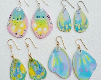 Choice artisan painted paper collage wing inspired earrings, butterfly, moth, ooak handmade, two sided.