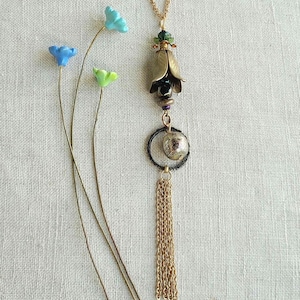 Handmade assemblage charm tassel necklace, upcycled vintage compotents, and beads, bronze chain 19" or 31.5".