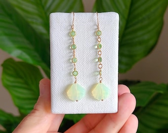 Handmade Uranium Czech Glass Dangle Earrings, 14K Gold-Filled, Vintage Bezel Chain Shell Beads