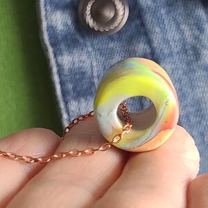 Artisan Pastel Neon Polymer Clay Necklace, Multicolor Marbled Bead, Copper Chain image 2