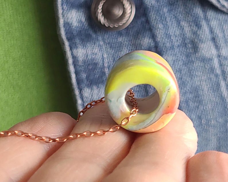 Artisan Pastel Neon Polymer Clay Necklace, Multicolor Marbled Bead, Copper Chain image 2