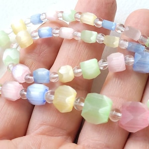 Facated atlas satin glass graduated bead necklace, soft pastel rainbow, upcycled restrung, 16.5&quot;,  spring summer