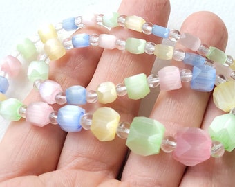Facated atlas satin glass graduated bead necklace, pastel rainbow, upcycled restrung, 16.5"