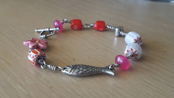 Pink, Berry and Red Silver Wire Wrap Linked Charm Bead Braclet, Pewter Fish,  Porcelain Flower, Sterling Silver, OOAK Handmade. 