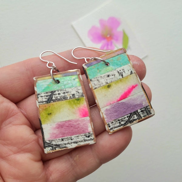 Abstract hand painted watercolor paper collage earrings, multicolor rectangle, argentium silver earwires