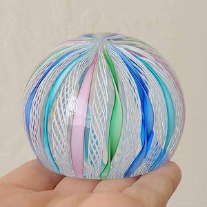 vintage fillagree Lattice Zanfirico ribbons Murano art glass paper weight, artglass decor.