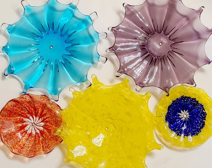 Vintage Set of Art Glass Flower Wall Plates Decor With Drilled Center Hole, Glass Plates Only
