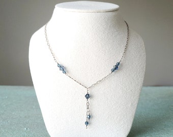 Vintage sterling chain and blue glass crystal Y-necklace.