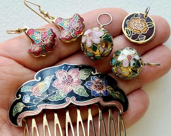 Vintage Cloisonne Enamel Flower Fan Hair Clip Barrette Gold  display picture 1