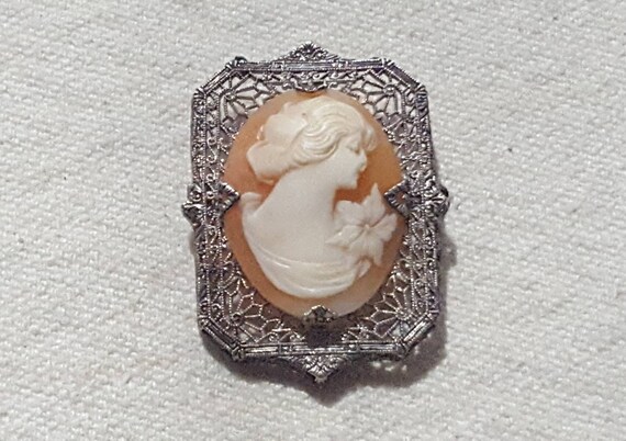 Shell cameo femal with flower brooch, set in ster… - image 4