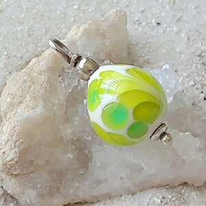 Mod Fern glass pendant, green and white lampwork glass, and fine silver, botanical theme. OOAK artisan, small 1"