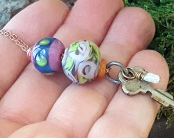 Key charm stacked bead necklace, lampwork bead copper lariat handmade necklace, OOAK maximalist, upcycled