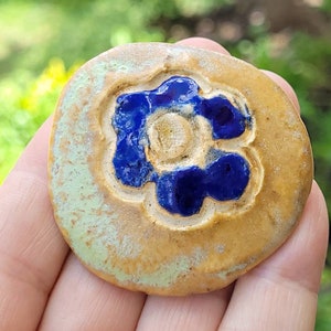 Mod Vintage stoneware pottery flower brooch, cobalt blue, mustard yellow, and mint, autumn winter
