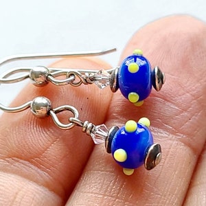 Cobalt Blue and lime green dot handmade lampwork glass bead dangle earrings, premium argentium earwires,