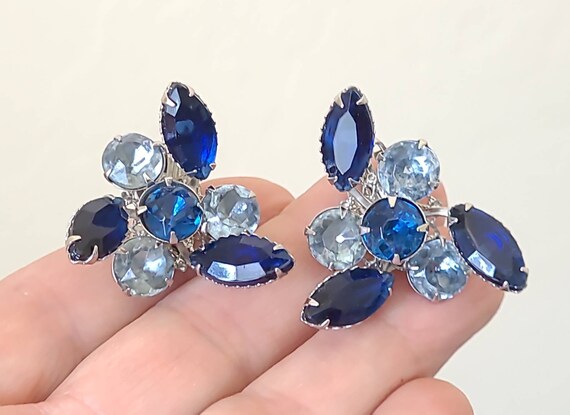 Vintage blue mix rhinestone swedged silvertone clip earrings, marquise, and round, unbranded View 2