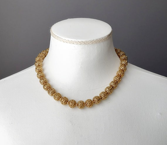 Signed vintage Monet fillagree gold bead choker n… - image 3