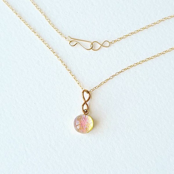 Handmade tiny pink gold dichroic glass round pendant necklace, gold filled chain handcrafted hook clasp, 18".